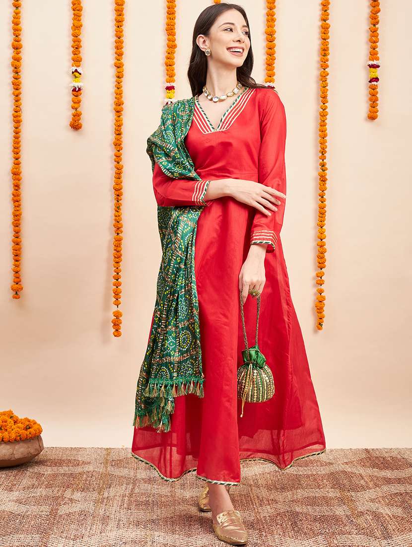 red solid with work kurta dupatta set