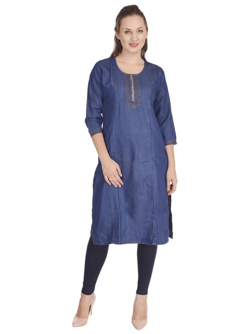 navy blue solid denim straight kurta - 20467521 - Standard Image - 0