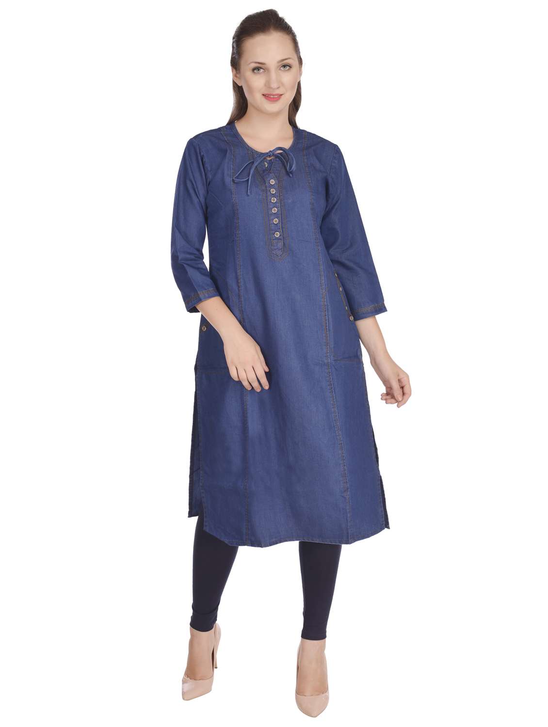 women blue denim tie up neck a-line kurta