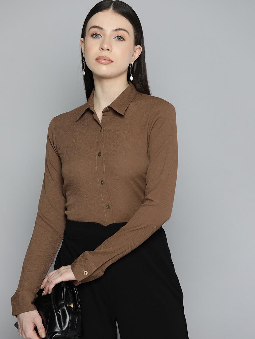 women brown polyester formal shirt