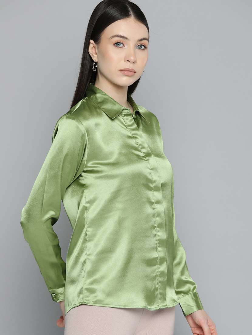 women green satin formal shirt - 20468767 - Standard Image - 2
