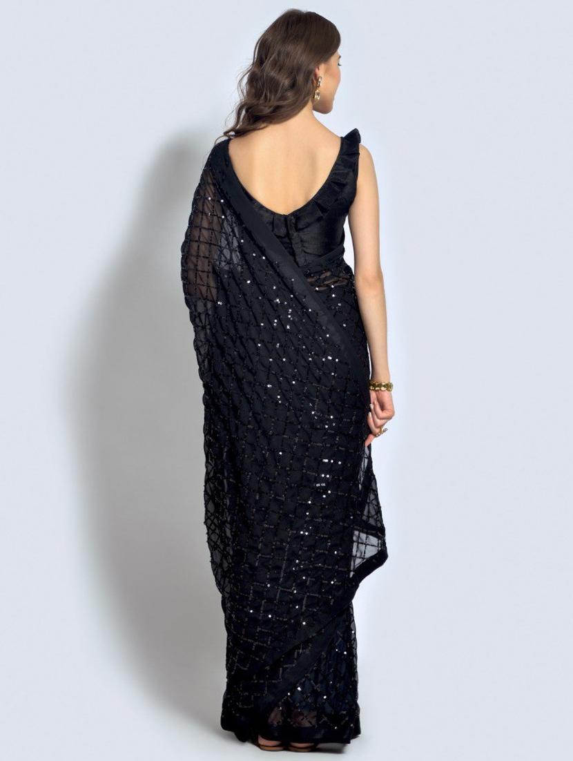 black embellished saree with blouse - 20469384 - Standard Image - 2