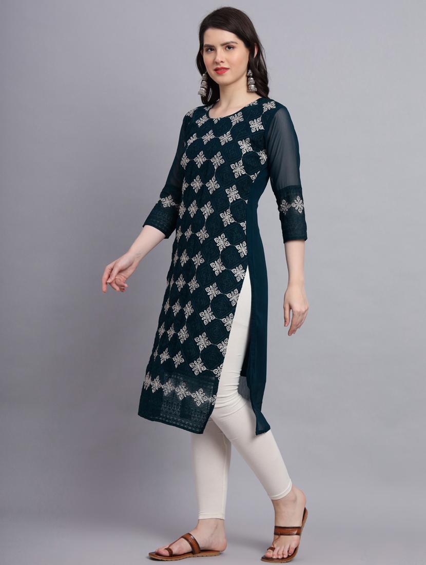teal three quarter sleeve straight kurta - 20470385 - Standard Image - 2