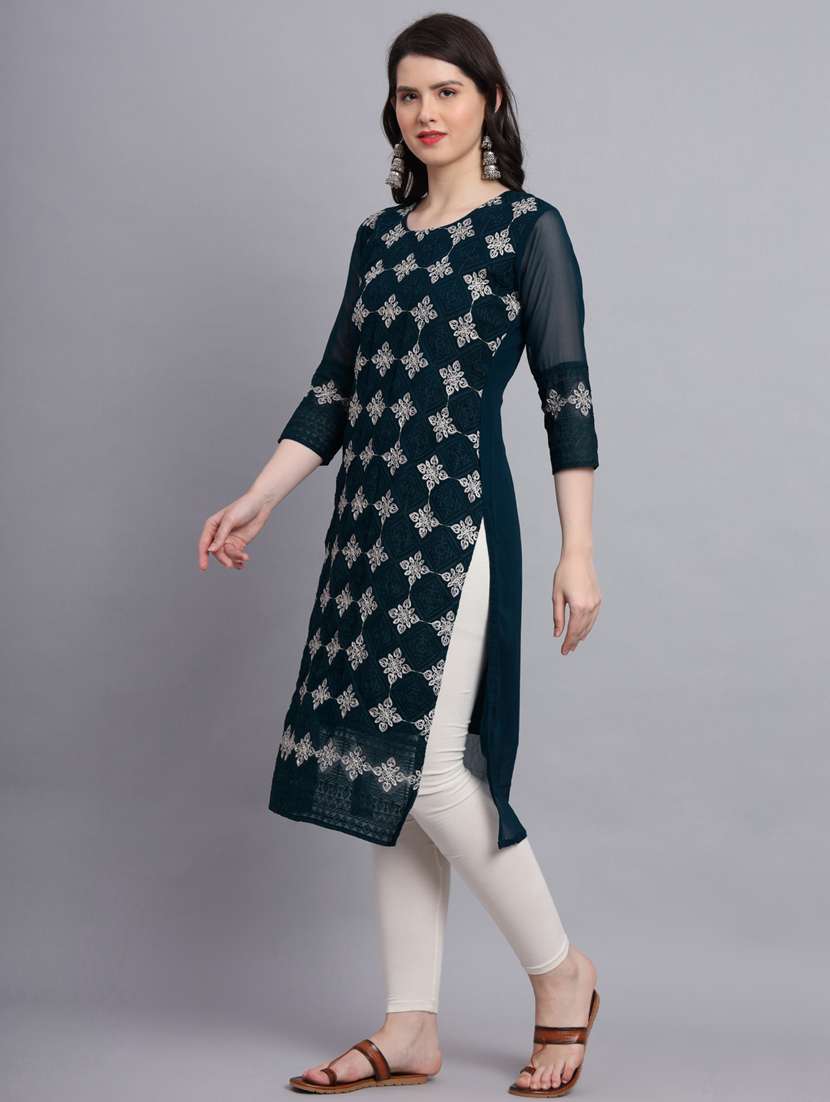 teal three quarter sleeve straight kurta - 20470393 - Standard Image - 2
