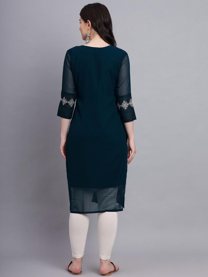 teal three quarter sleeve straight kurta - 20470395 - Standard Image - 2