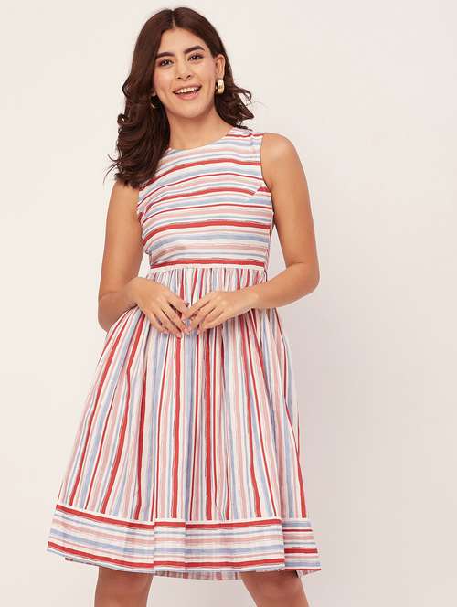 multi colored stripes fit & flare dress - 20473194 -  Standard Image - 0