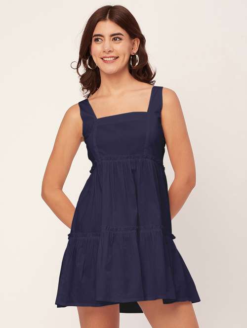 navy blue solid fit & flare dress - 20473198 - Standard Image - 0