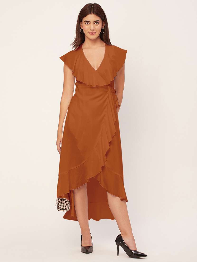 rust solid wrap dress