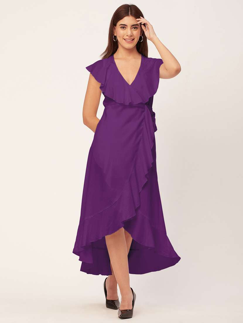 purple solid sleeveless wrap dress