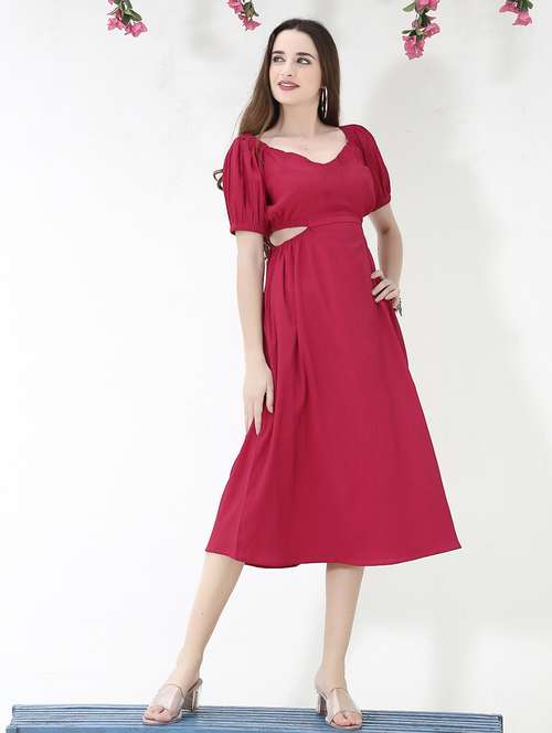 red solid puff sleeves a-line dress - 20473221 - Standard Image - 0