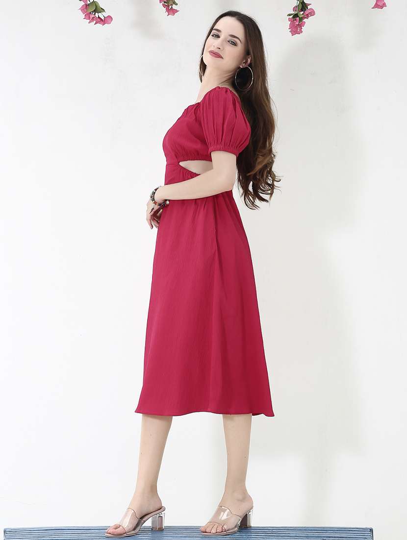 red solid puff sleeves a-line dress - 20473221 - Standard Image - 2
