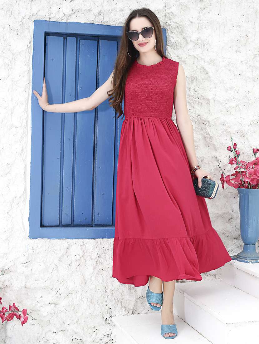 red solid smocked tiered dress