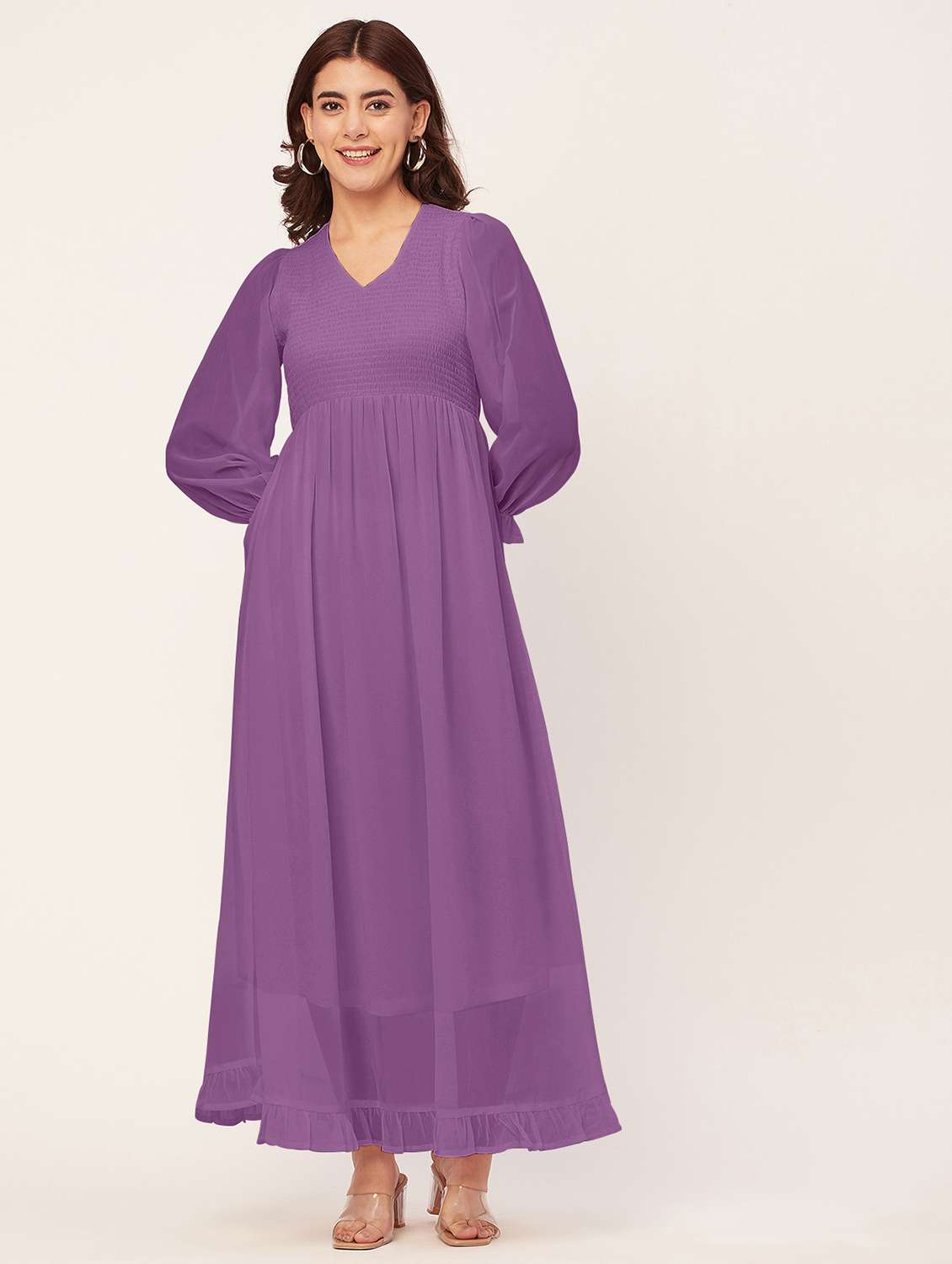 lavender solid smocked puff sleeves maxi dress
