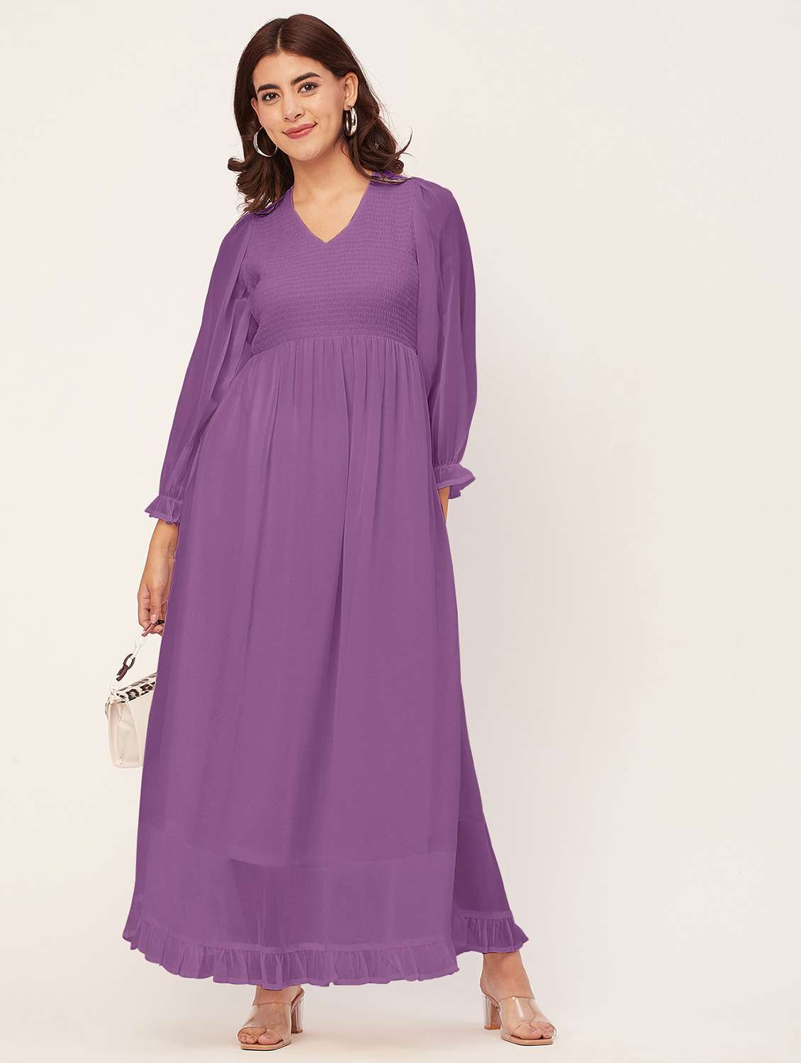 lavender solid smocked puff sleeves maxi dress - 20473231 -  Standard Image - 2