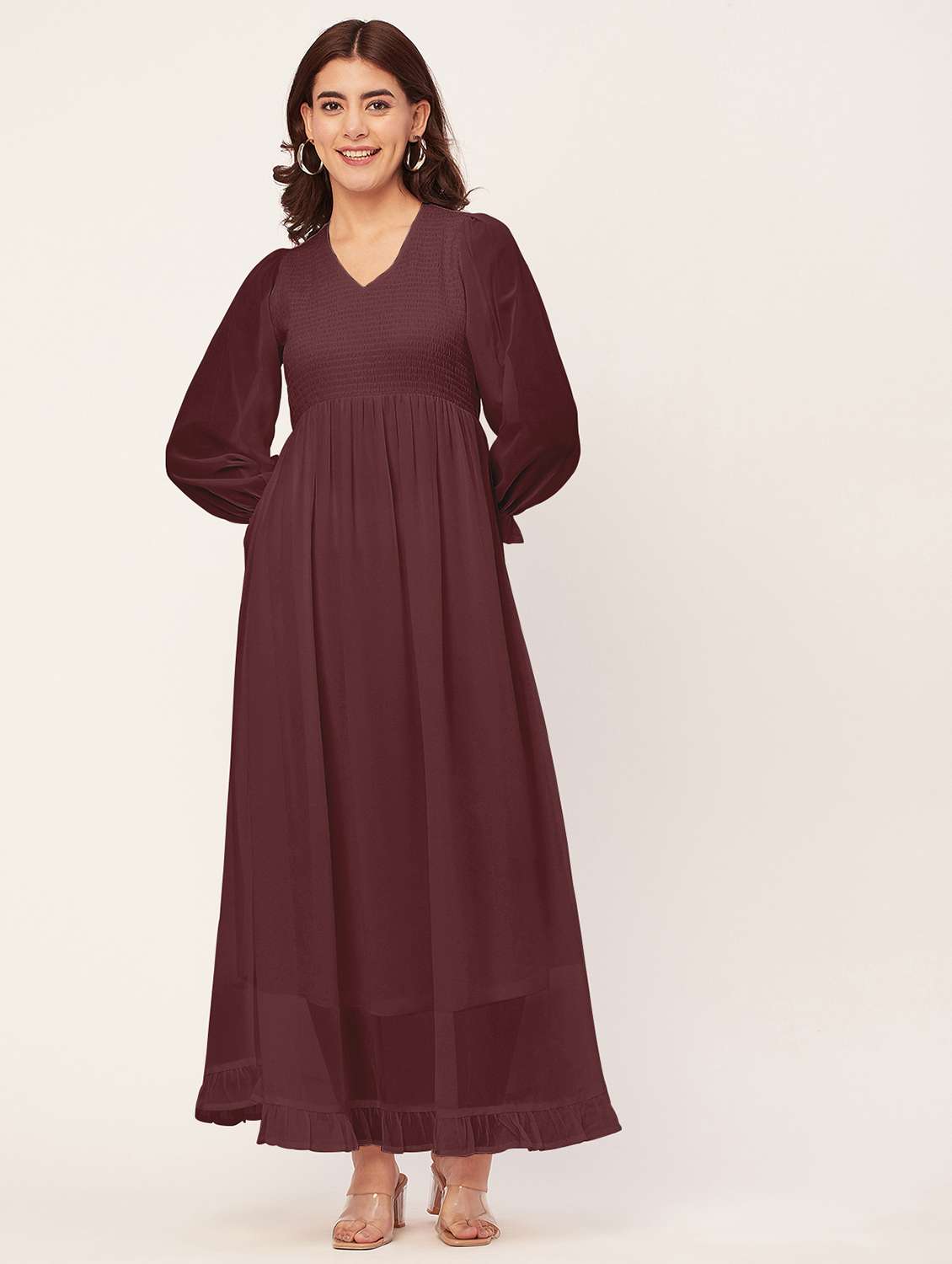coffee brown solid puff sleeves maxi dress