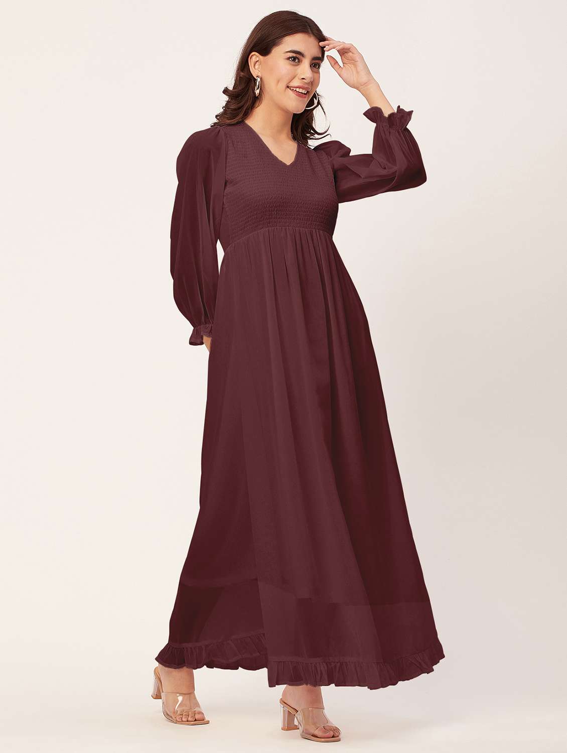 coffee brown solid puff sleeves maxi dress - 20473234 -  Standard Image - 2