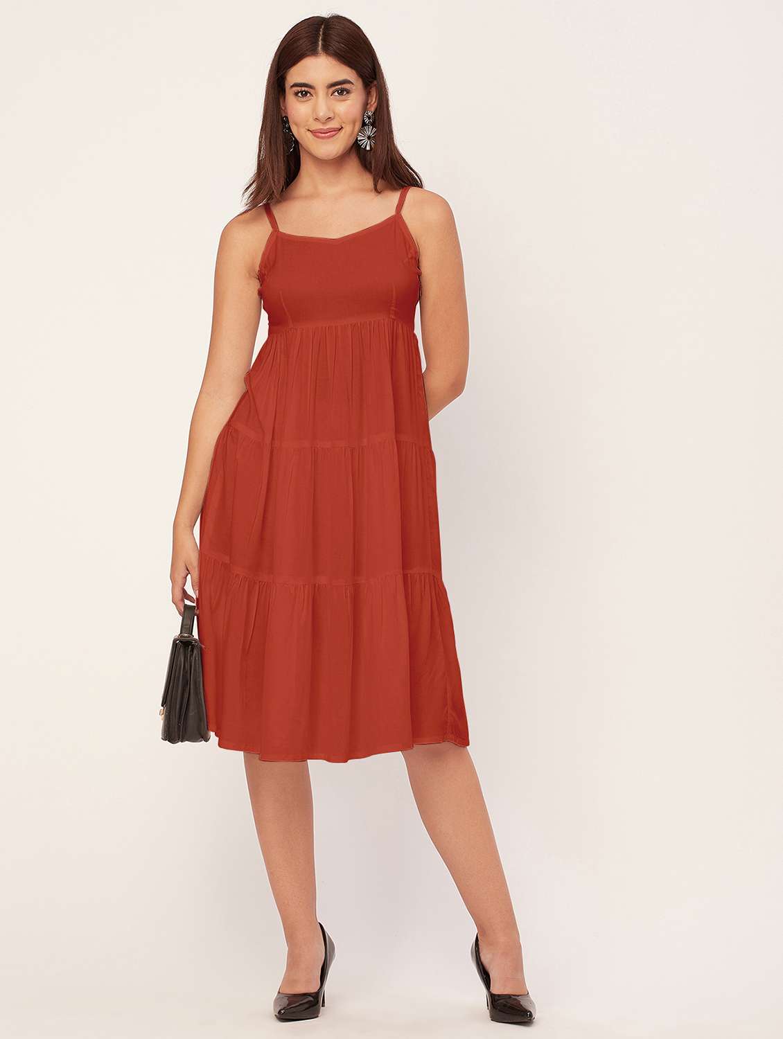 rust solid tiered dress - 20473238 -  Standard Image - 2