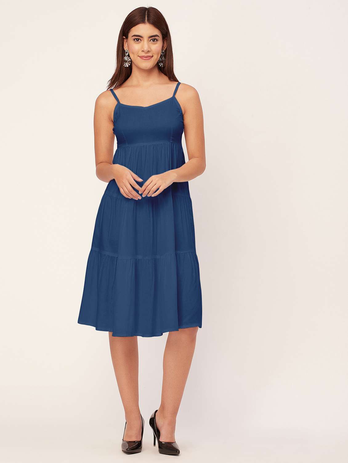 blue solid tiered dress