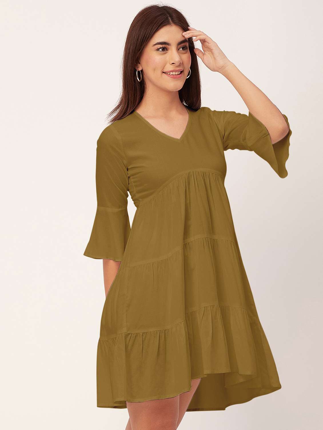 olive solid tiered dress