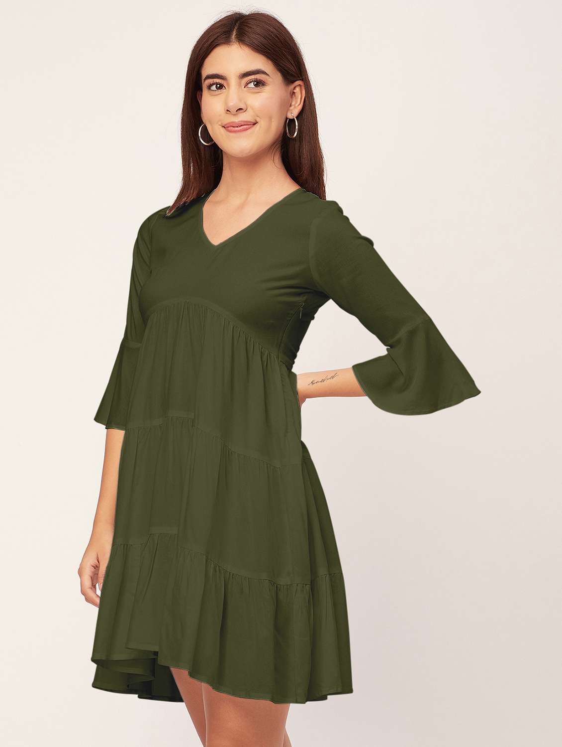 olive solid tiered dress