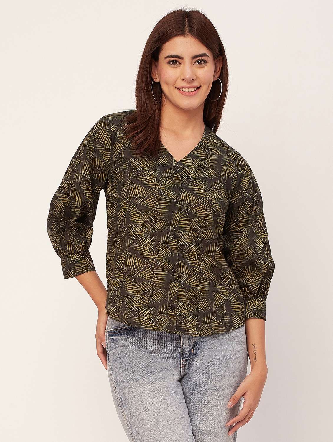 brown printed crop shirt