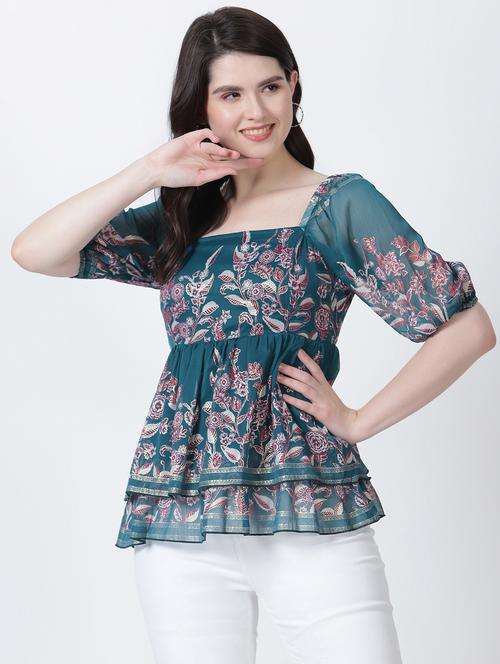 women teal regular fit puff sleeve peplum top - 20474084 - Standard Image - 0