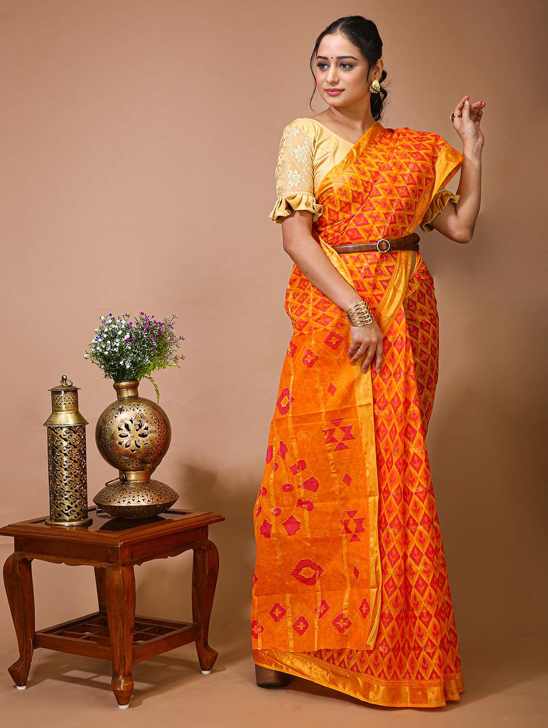 women's ikat mustard colored saree with blouse