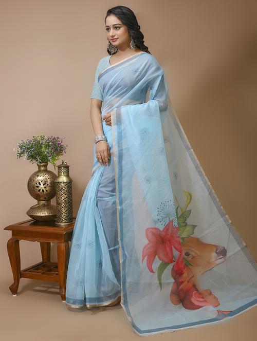 women's printed light blue colored saree with blouse - 20474332 -  Standard Image - 0