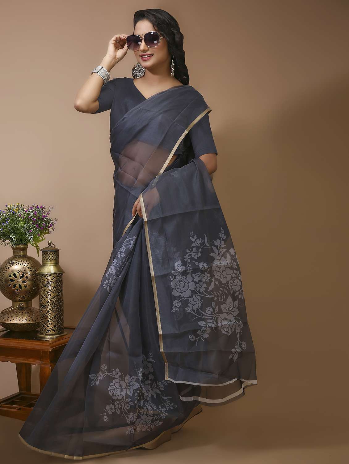 women's floral grey colored saree with blouse