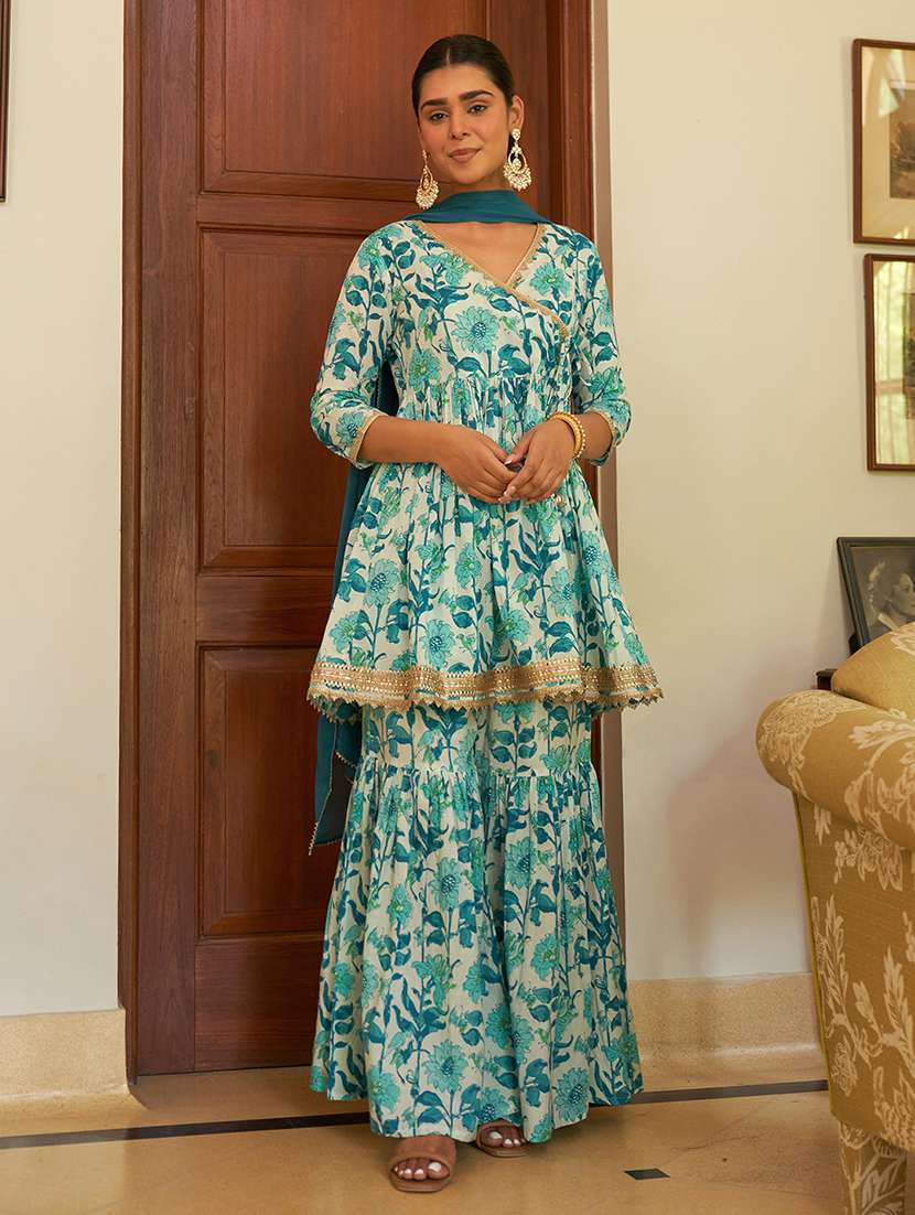 women white & blue overlap neck kurta sharara set with dupatta