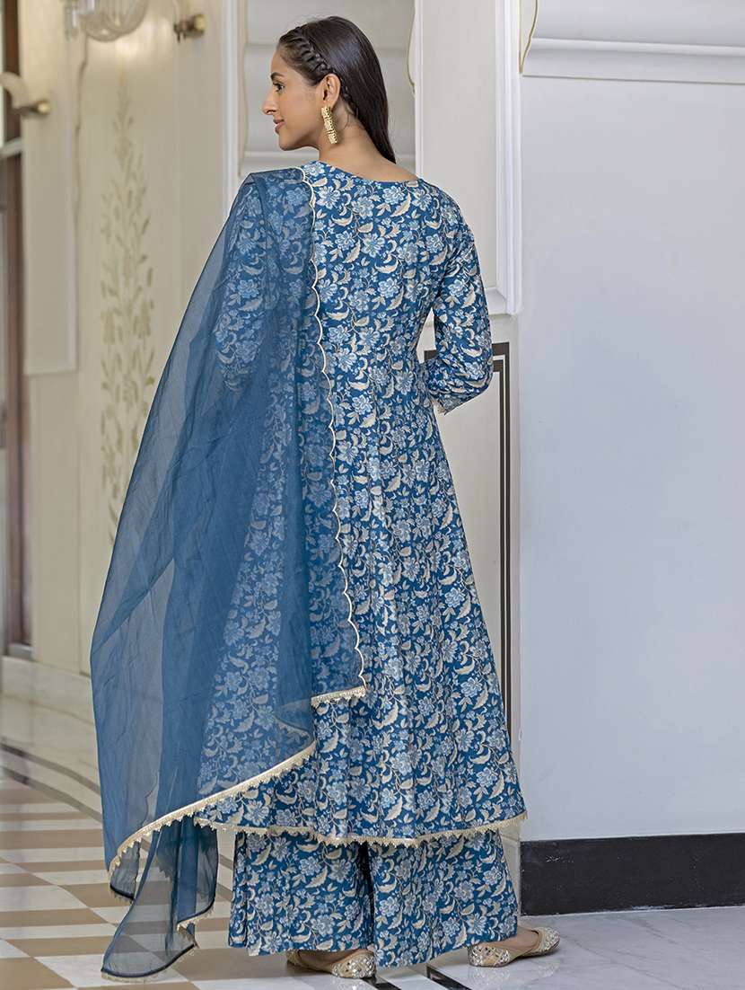 women blue round neck kurta palazzo set with dupatta - 20474379 -  Standard Image - 2
