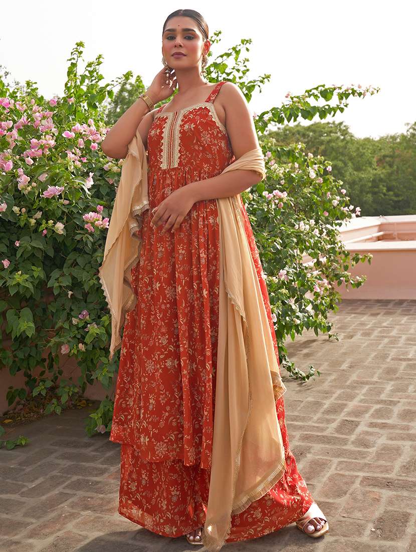 orange floral printed suit set