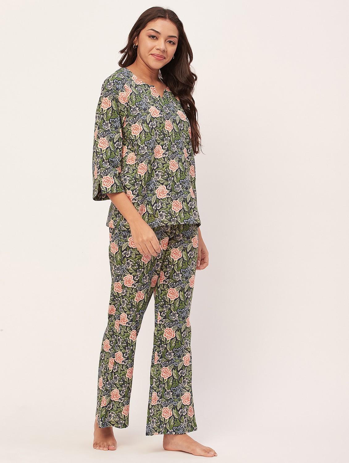 navy blue floral pyjama nightwear set - 20475909 - Standard Image - 2