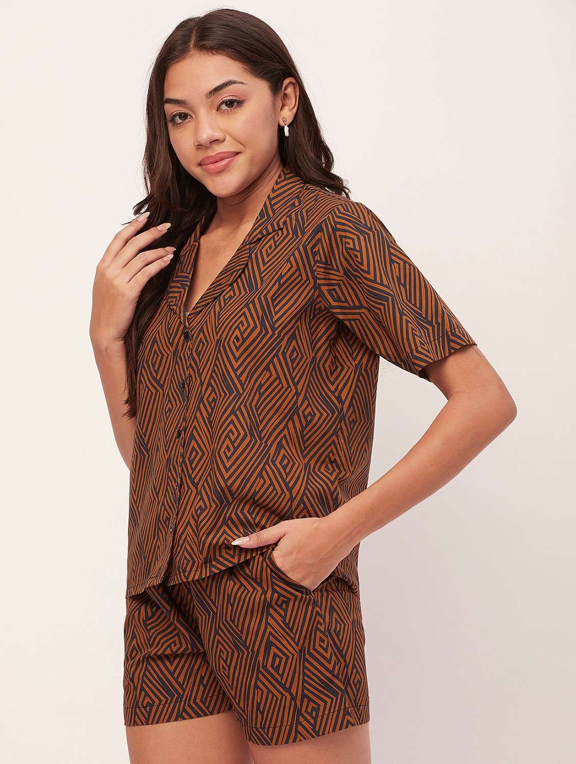 bronze and black printed shorts nightwear set - 20475932 -  Standard Image - 2