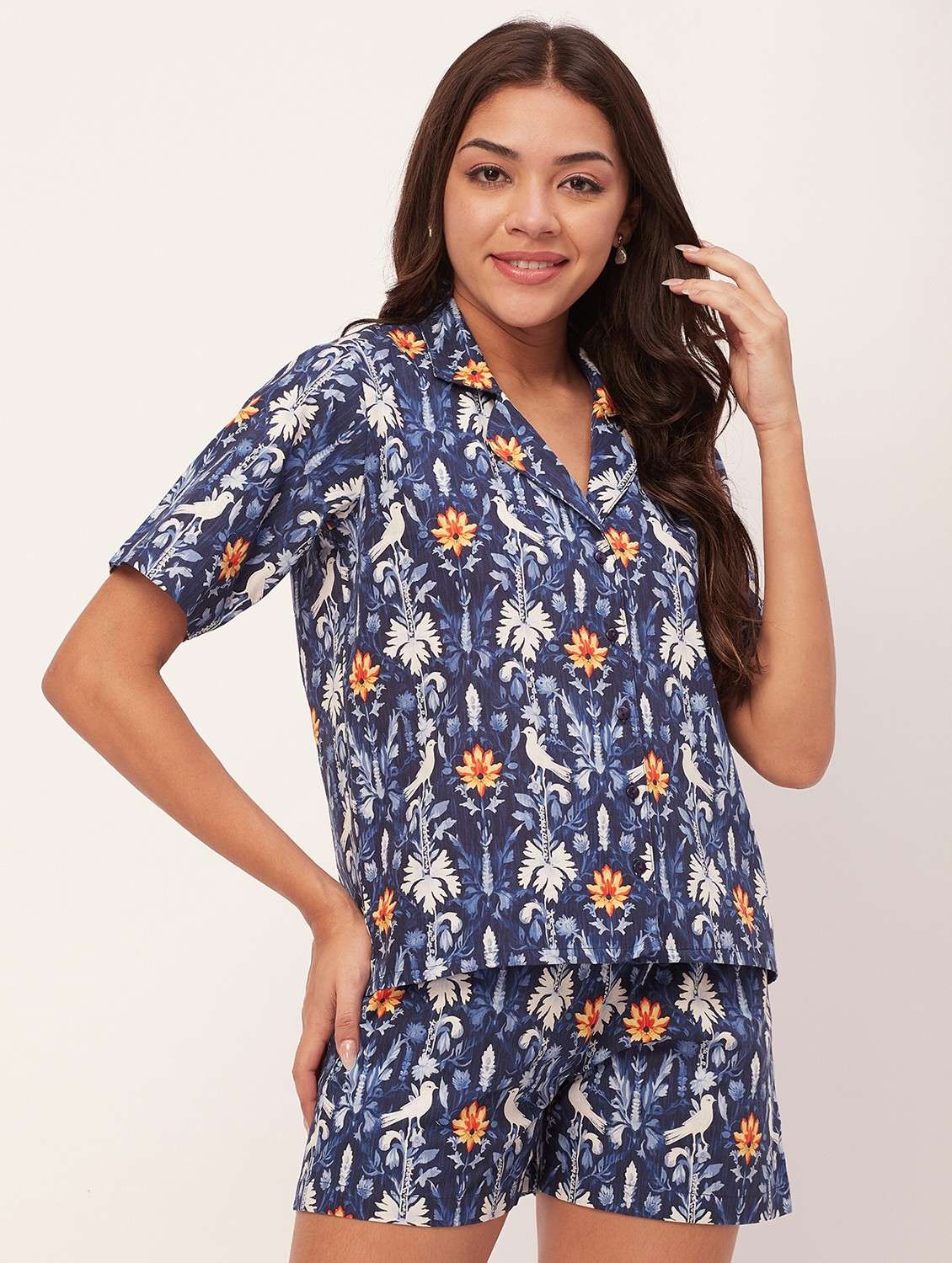 navy blue floral shorts nightwear set