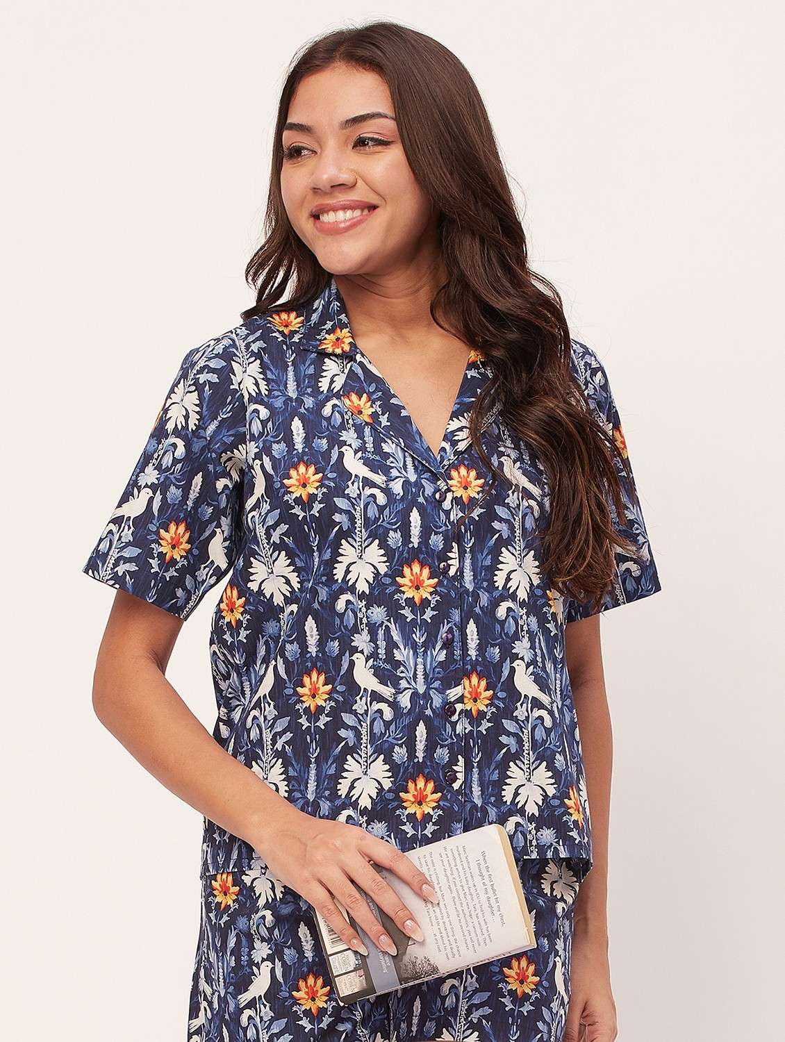 navy blue floral shorts nightwear set - 20475936 -  Standard Image - 2