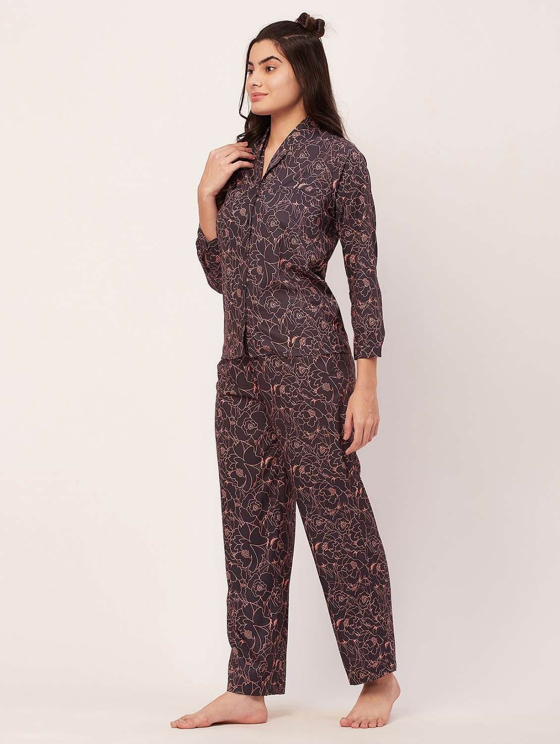 brown floral print pyjama nightwear set - 20475943 - Standard Image - 2