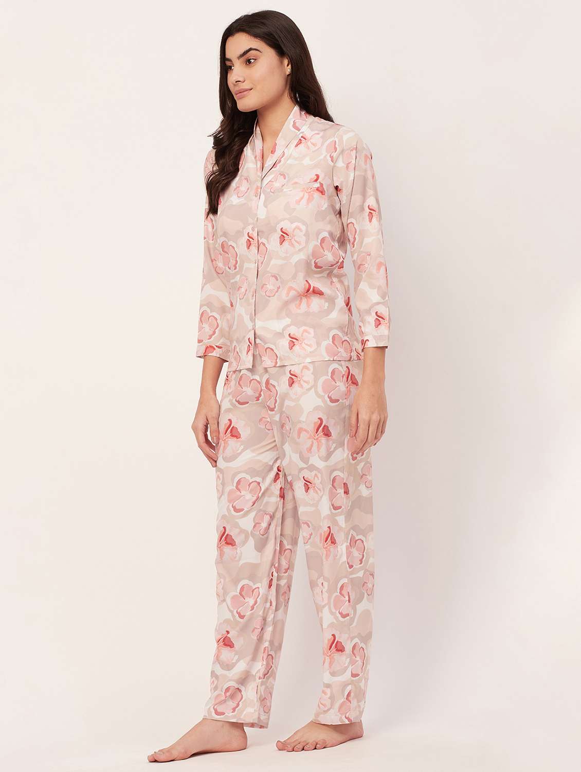 beige floral print pyjama nightwear set - 20475947 -  Standard Image - 2
