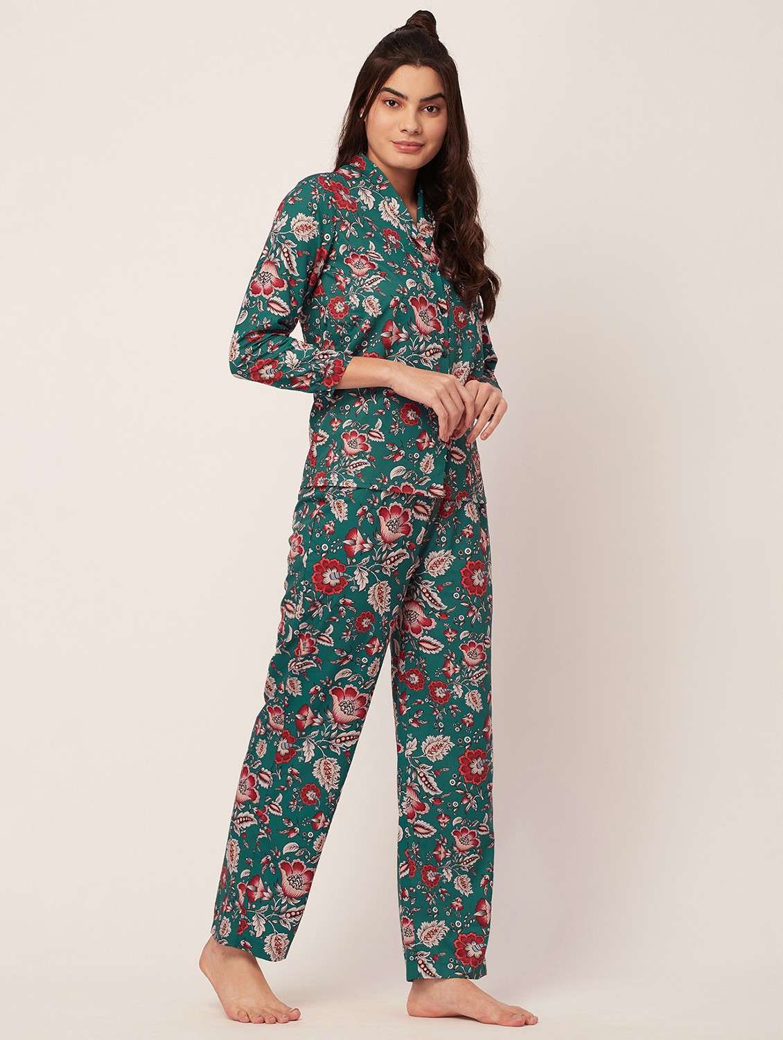 teal floral print pyjama nightwear set - 20475948 - Standard Image - 2