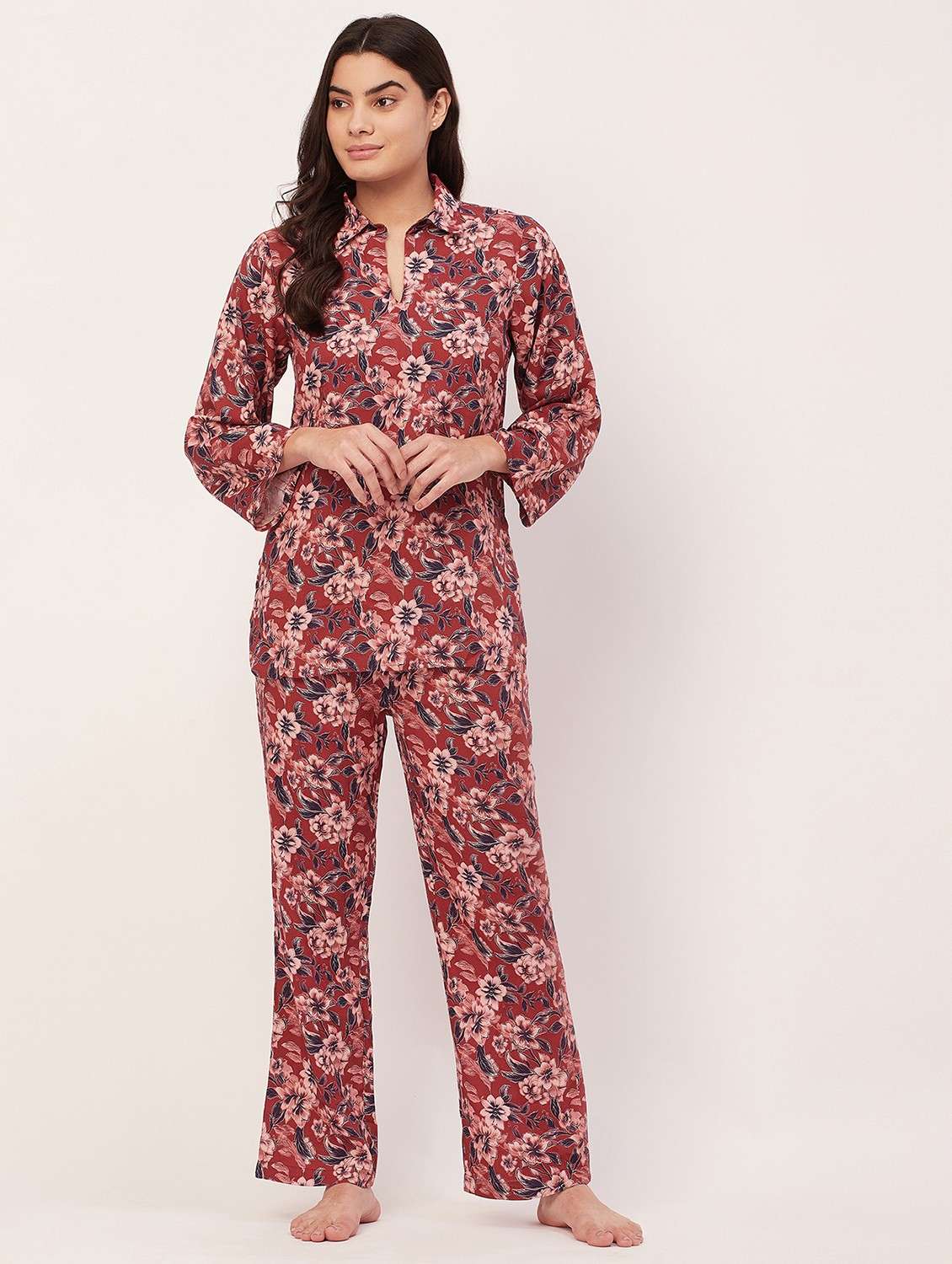 rust floral print pyjama nightwear set - 20475949 -  Zoom Image - 0