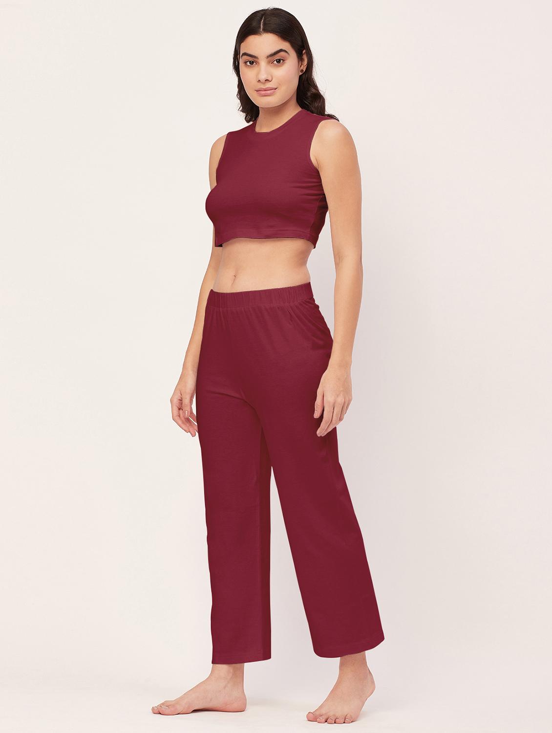 maroon solid pyjama nightwear set - 20476002 - Standard Image - 2