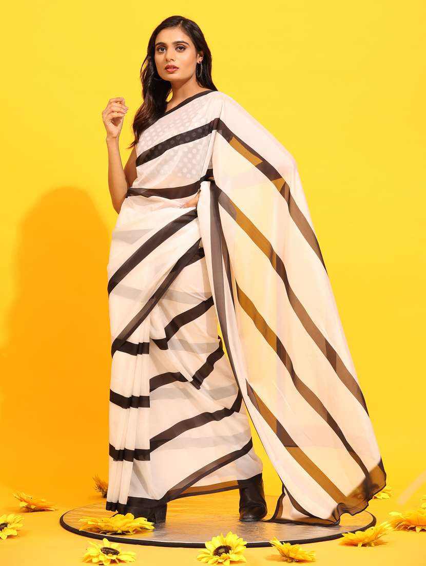 women's stripes white colored saree with blouse