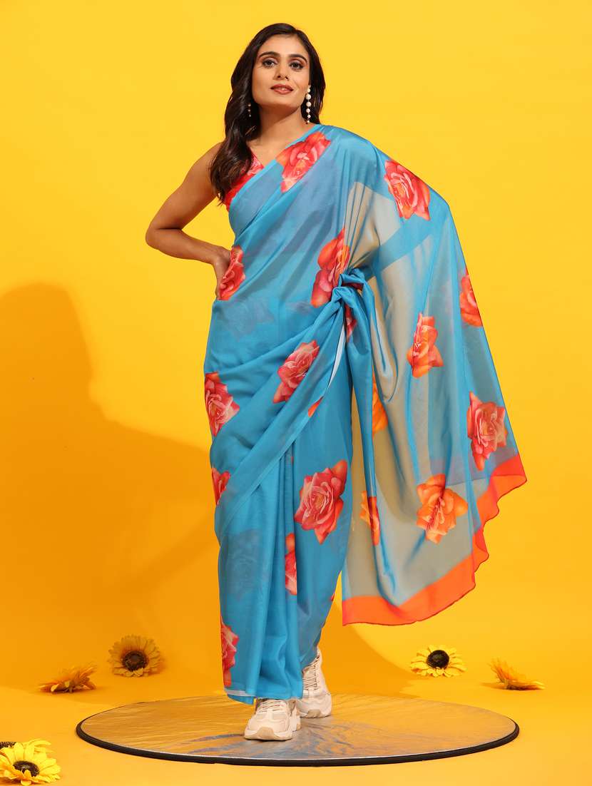 women's floral light blue colored saree with blouse