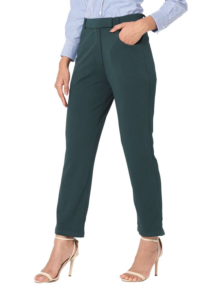 bottle green solid flat front trouser - 20477957 -  Standard Image - 2