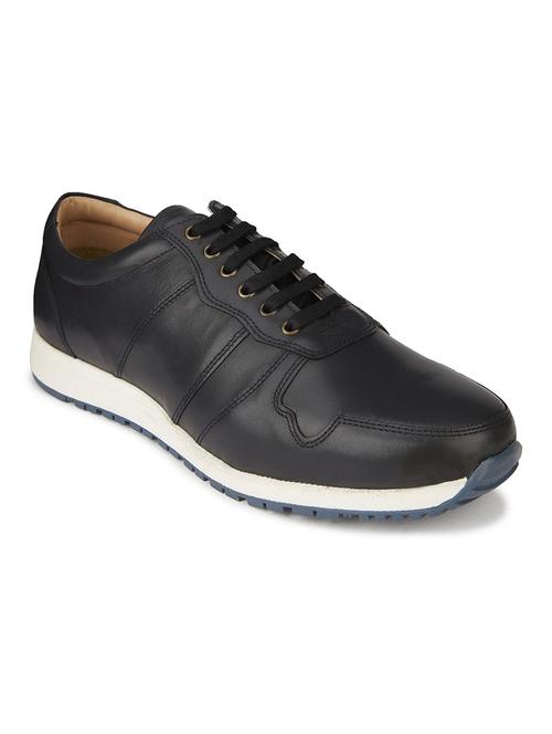 men solid black leather lace up sneaker - 20478155 - Standard Image - 0