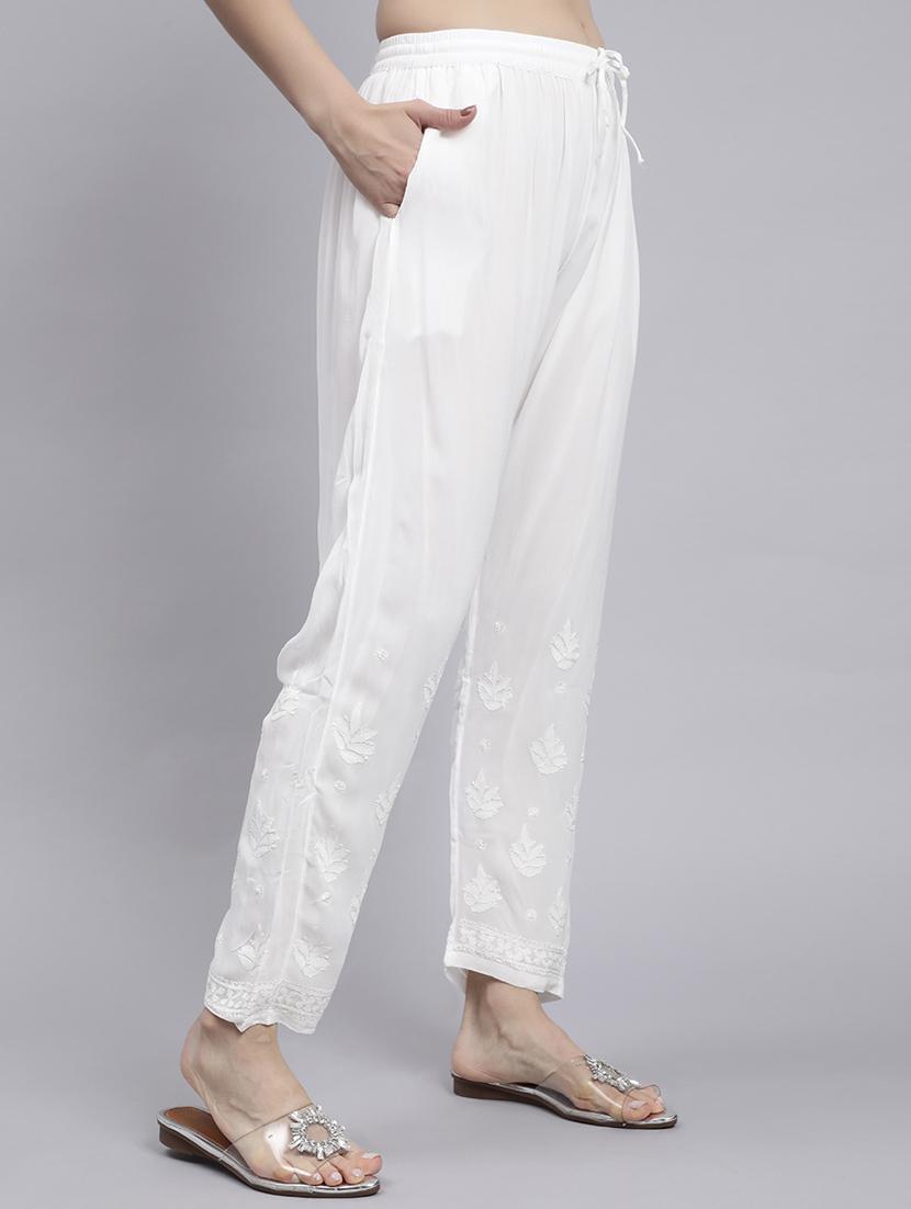 hand embroidered white viscose straight tapered pant - 20478470 - Standard Image - 2