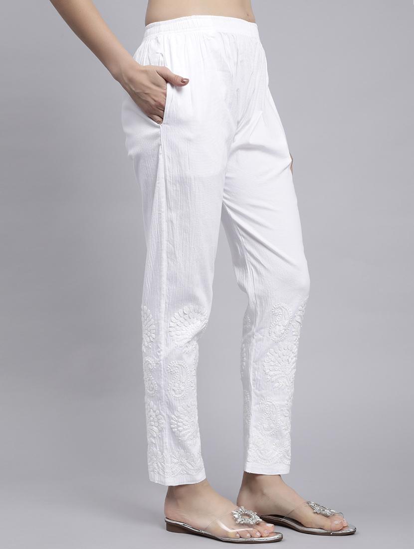 hand embroidered white viscose straight tapered pant - 20478471 - Standard Image - 2