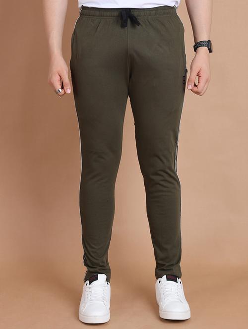 men side striped olive green cotton track pant - 20478518 - Standard Image - 0