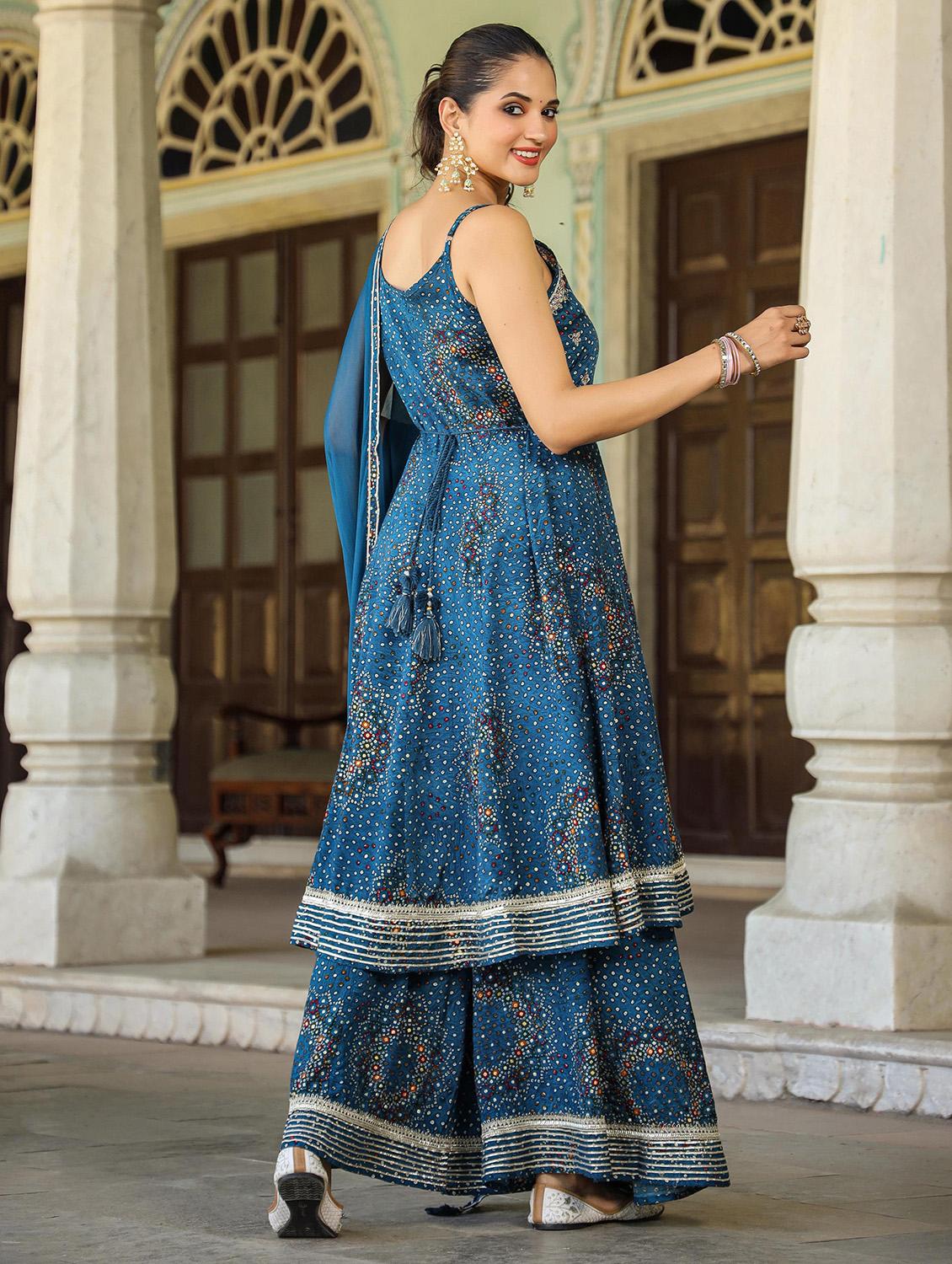 women blue round neck kurta sharara set with dupatta - 20478664 - Standard Image - 2