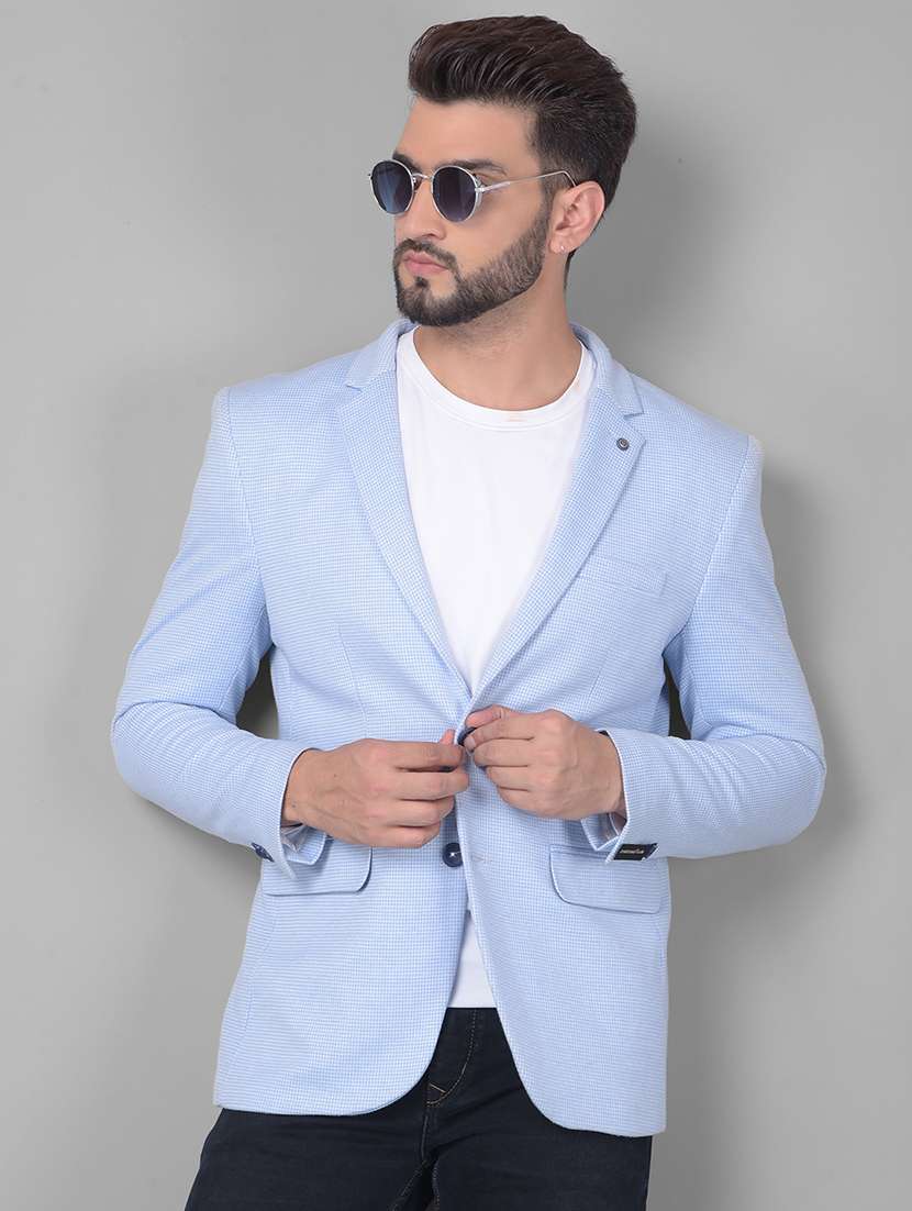 men self designed light blue polyester single breasted casual blazer